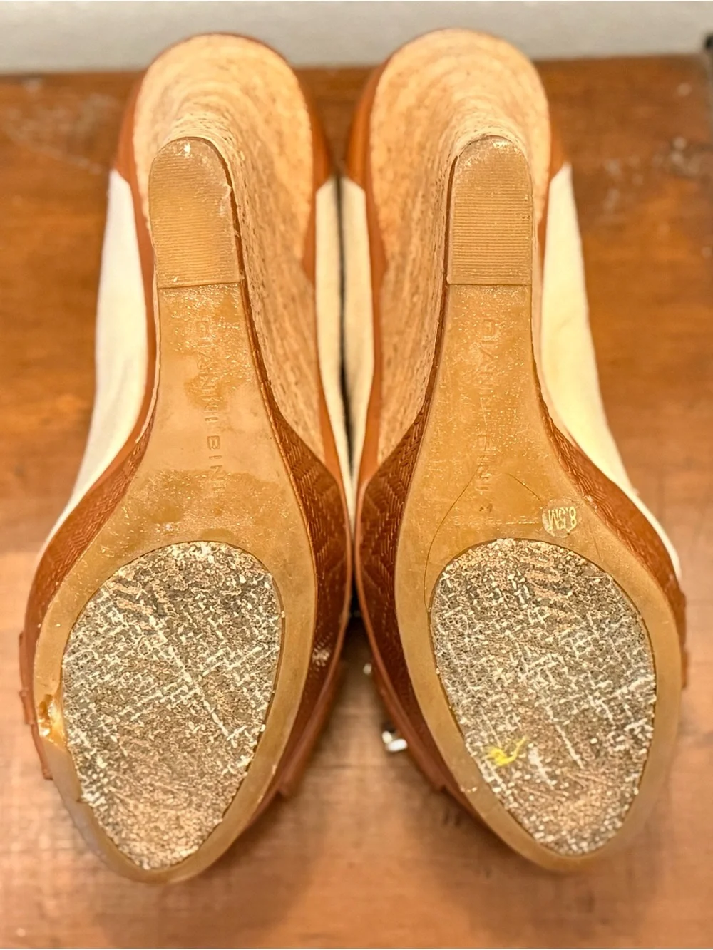 Gianni Bini Cream and Tan Peep-Toe Wedge Heels